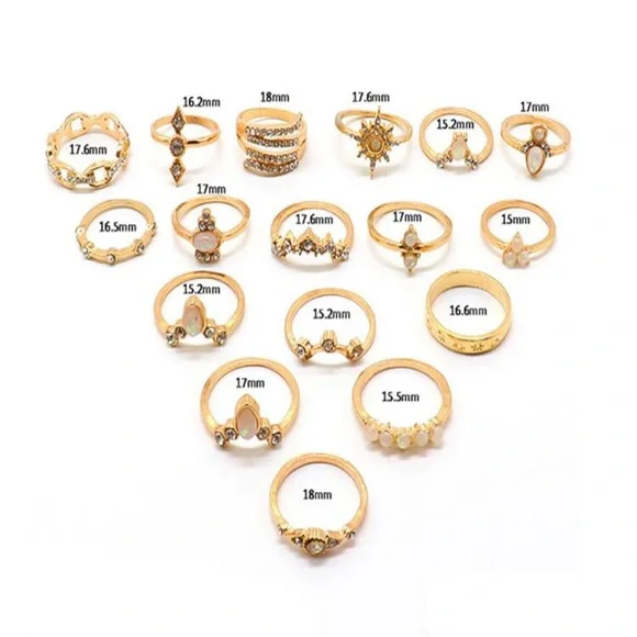 2/$10 NEW! Boho 17 Piece Bohemian Ring Set Midi Crystal Boho Cute Snake - Picture 3 of 3